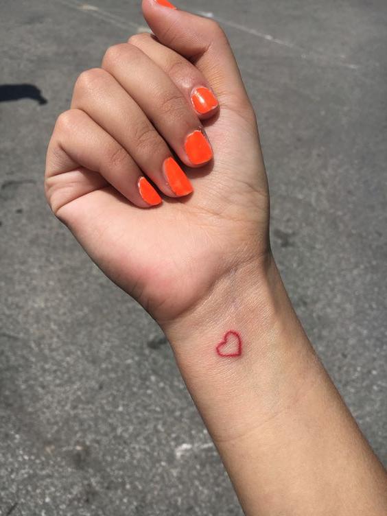 Red Outline Heart Tattoo On the Wrist