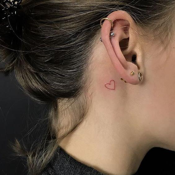 Simple Red Outline Heart Tattoo Behind The Ear